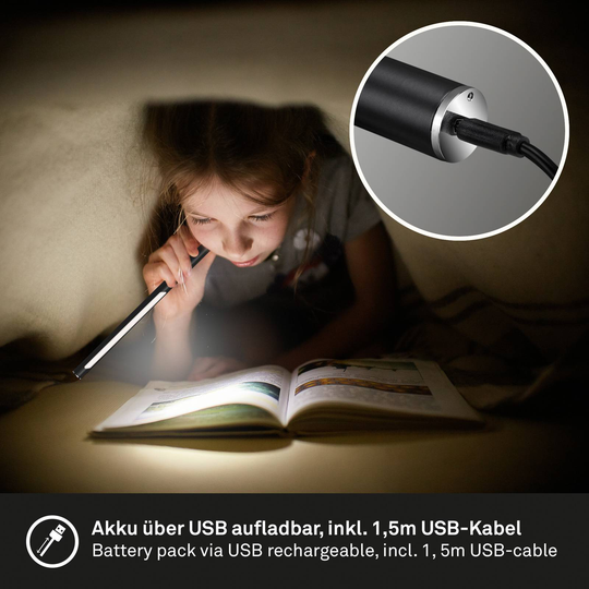 LED-pöytälamppu Everywhere, USB ja akku, musta
